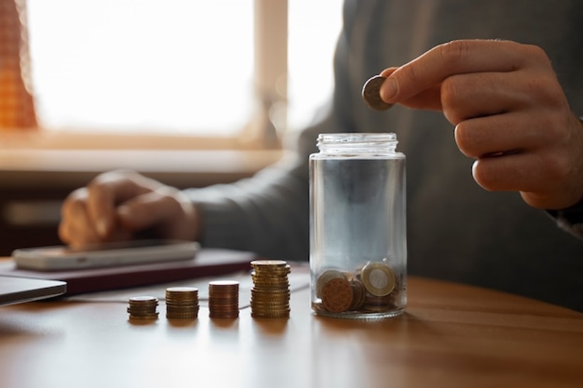A person dropping a coin into a jar.